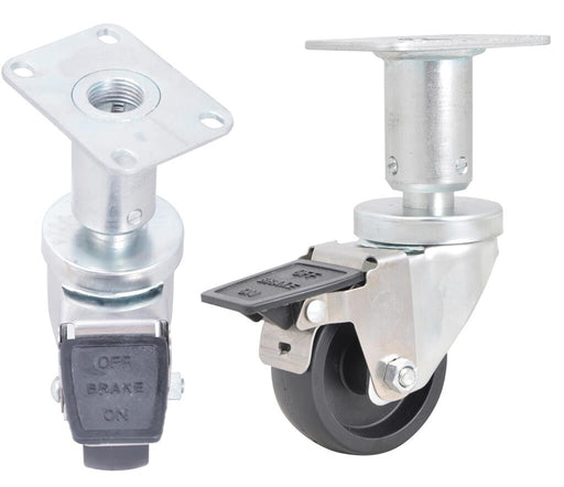 BK Resources 3SBR-R1PT-PH-TAB-4 3" Swivel Adjustable Height Universal Plate Caster With 2-1/2"x3-5/8" Plate & Toe Brake - Qty 4