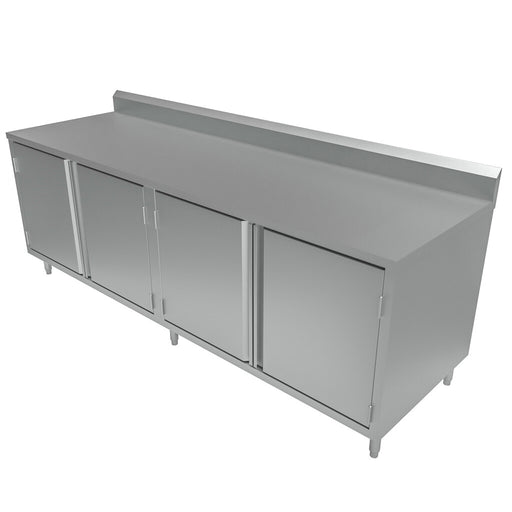 BK Resources CSTR5-3084H 30" x 84" Stainless Steel Cabinet Base Chef Table 5" Backsplash Hinged Door
