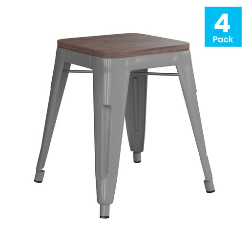 4PK Silver Stool-Wood Seat