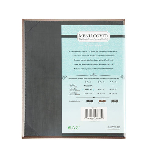 CAC China MCC1-11BN 1-Panel Faux Leather Menu Cover Letter Size 8-1/2-inches x 11-inches Brown