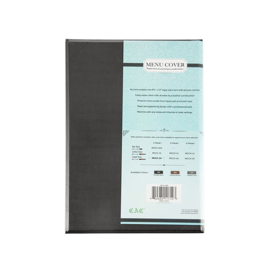 CAC China MCC1-14BK 1-Panel Faux Leather Menu Cover Legal Size 8-1/2-inches x 14-inches Black