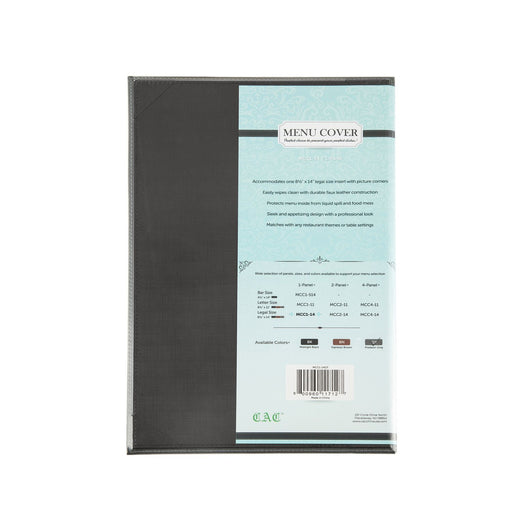 CAC China MCC1-14GY 1-Panel Faux Leather Menu Cover Legal Size 8-1/2-inches x 14-inches Gray