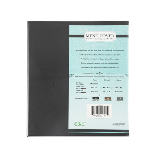 CAC China MCC2-11BK 2-Panel Faux Leather Menu Cover Letter Size 8-1/2-inches x 11-inches Black