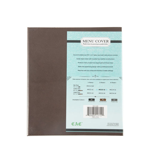 CAC China MCC2-11BN 2-Panel Faux Leather Menu Cover Letter Size 8-1/2-inches x 11-inches Brown