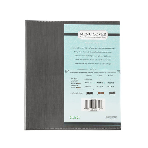 CAC China MCC2-11GY 2-Panel Faux Leather Menu Cover Letter Size 8-1/2-inches x 11-inches Gray