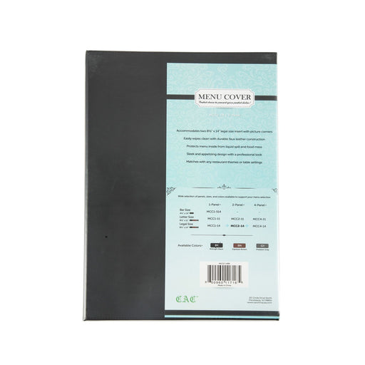 CAC China MCC2-14BK 2-Panel Faux Leather Menu Cover Legal Size 8-1/2-inches x 14-inches Black