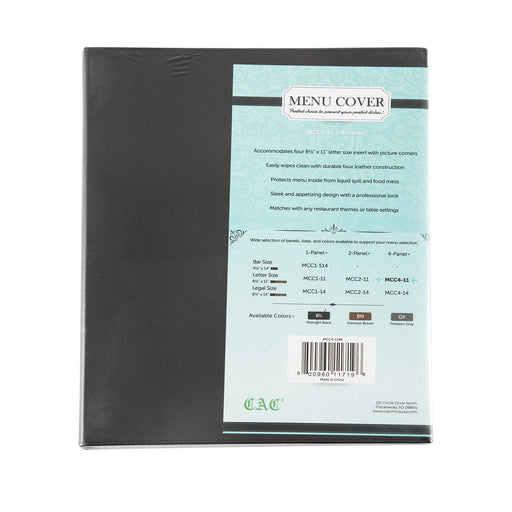 CAC China MCC4-11BK 4-Panel Faux Leather Menu Cover Letter Size 8-1/2-inches x 11-inches Black