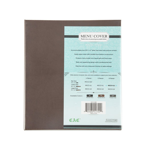 CAC China MCC4-11BN 4-Panel Faux Leather Menu Cover Letter Size 8-1/2-inches x 11-inches Brown