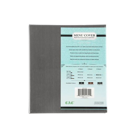 CAC China MCC4-11GY 4-Panel Faux Leather Menu Cover Letter Size 8-1/2-inches x 11-inches Gray