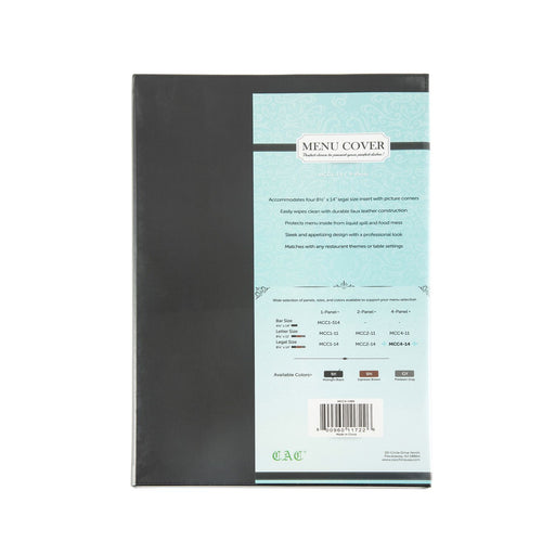CAC China MCC4-14BK 4-Panel Faux Leather Menu Cover Legal Size 8-1/2-inches x 14-inches Black