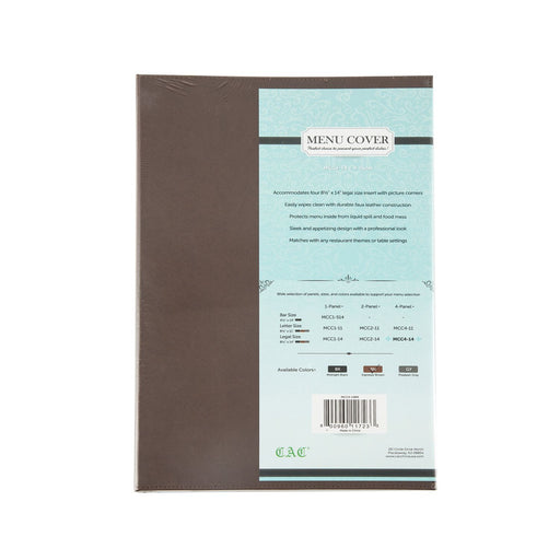 CAC China MCC4-14BN 4-Panel Faux Leather Menu Cover Legal Size 8-1/2-inches x 14-inches Brown