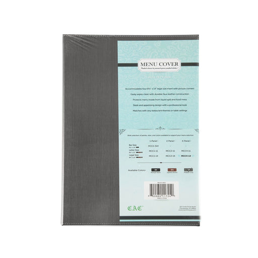 CAC China MCC4-14GY 4-Panel Faux Leather Menu Cover Legal Size 8-1/2-inches x 14-inches Gray