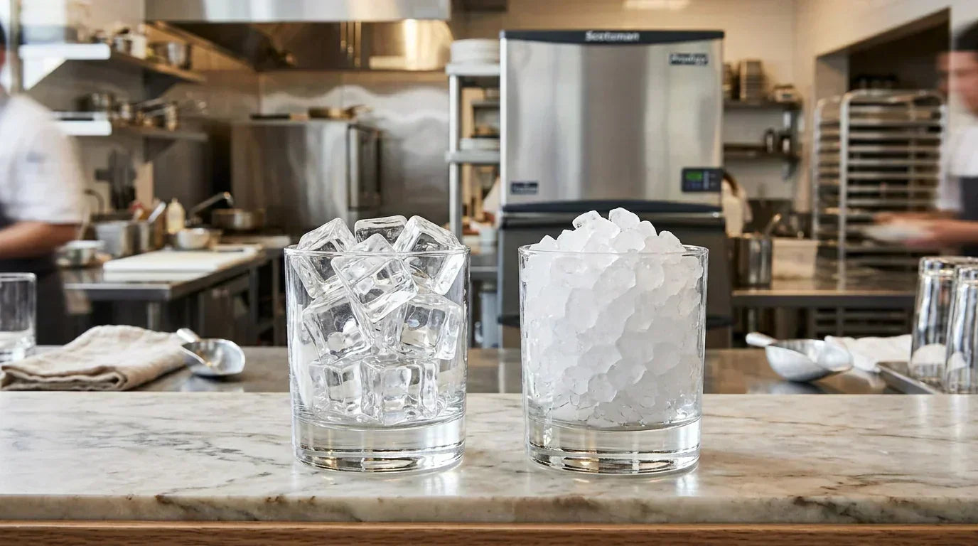 Close-up of crystal-clear gourmet ice cubes and soft chewable nugget ice side-by-side in high-end glassware with a commercial Scotsman ice machine in the background