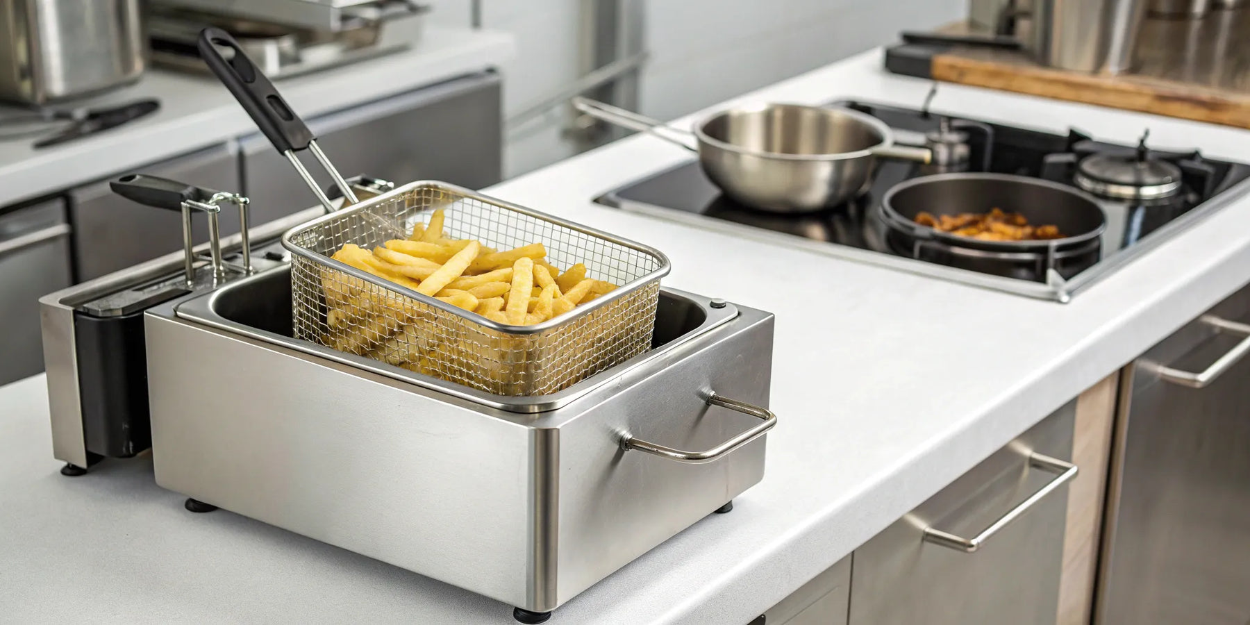 Basket of golden French fries being lifted from a cheap deep fryer.