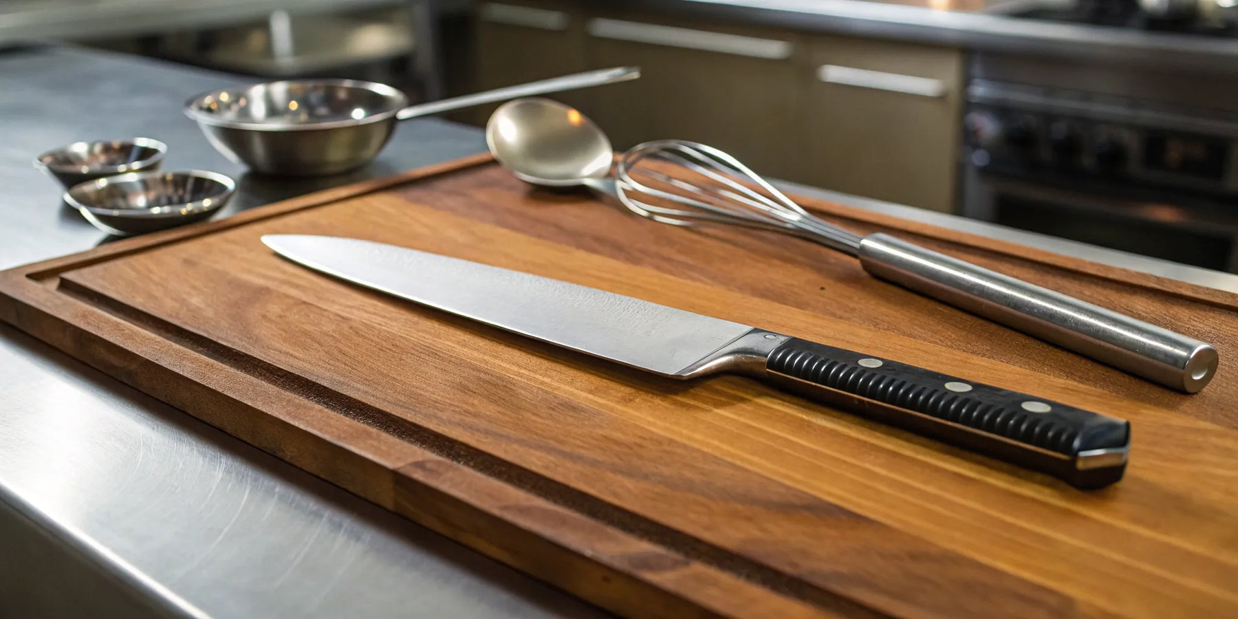 A professional chef's essential utensils, including a knife, whisk, and spoon, on a cutting board.