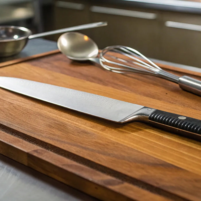 A professional chef's essential utensils, including a knife, whisk, and spoon, on a cutting board.