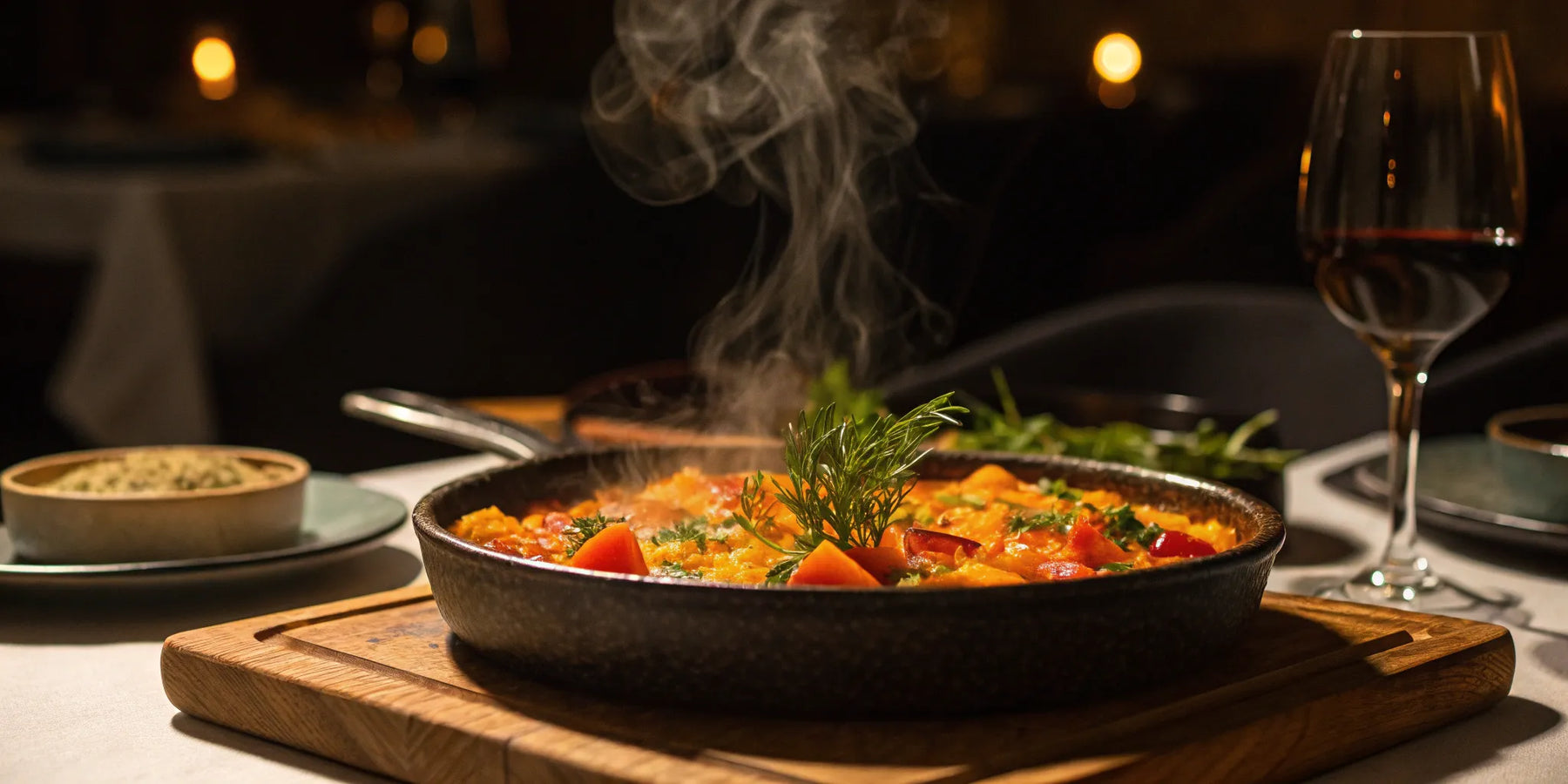 An iconic restaurant dish served steaming hot in a skillet with fresh herbs.