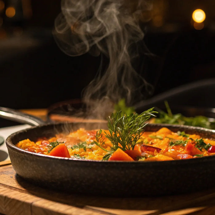 An iconic restaurant dish served steaming hot in a skillet with fresh herbs.