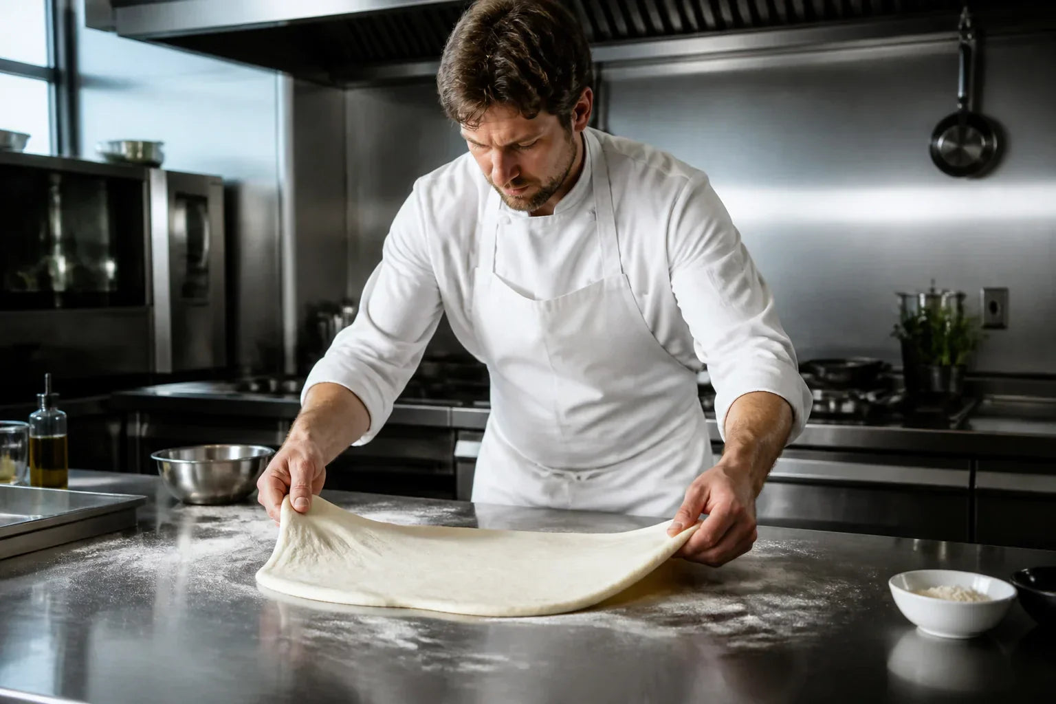 A professional chef stretching pizza dough on a stainless steel prep table in a commercial kitchen