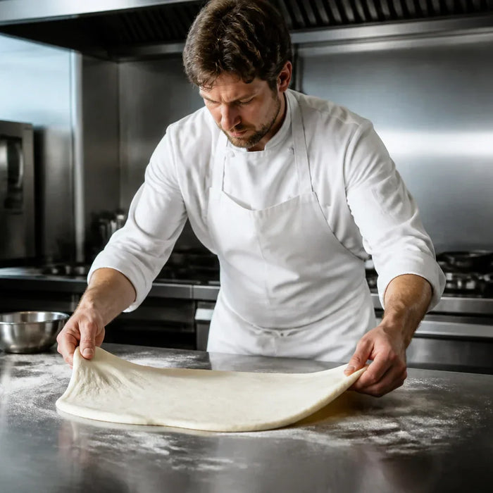 A professional chef stretching pizza dough on a stainless steel prep table in a commercial kitchen