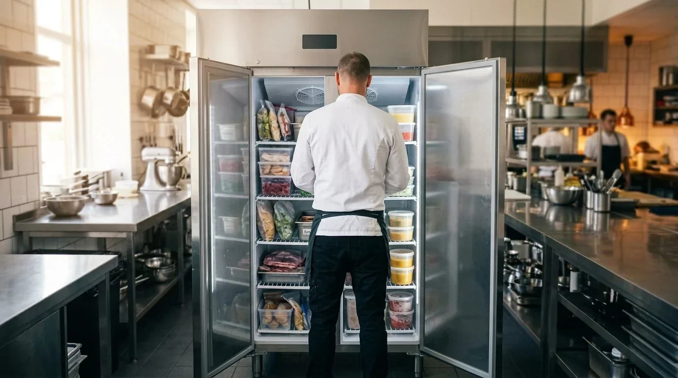 A chef working in a commercial kitchen near a reach-in freezer