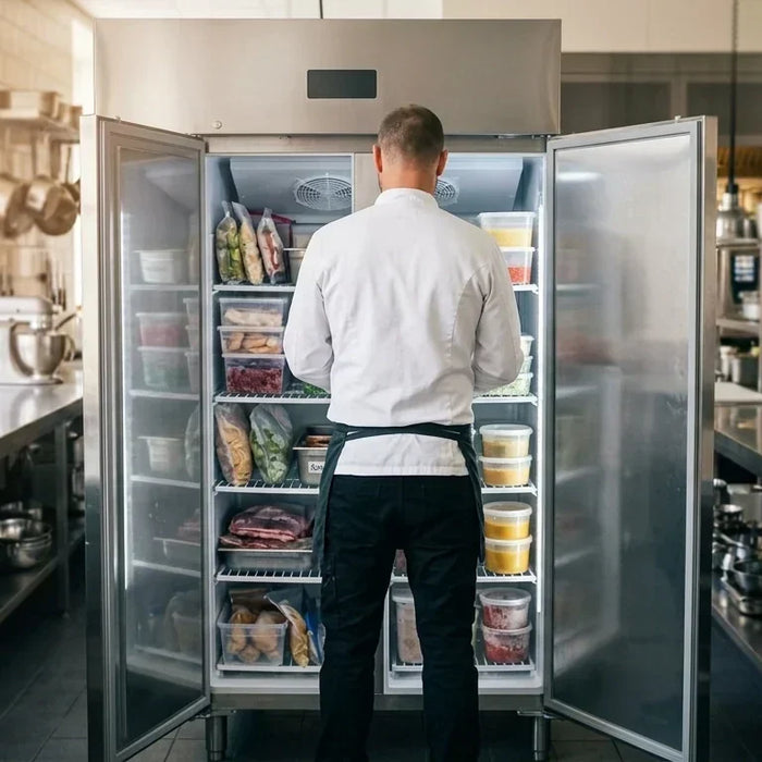 A chef working in a commercial kitchen near a reach-in freezer