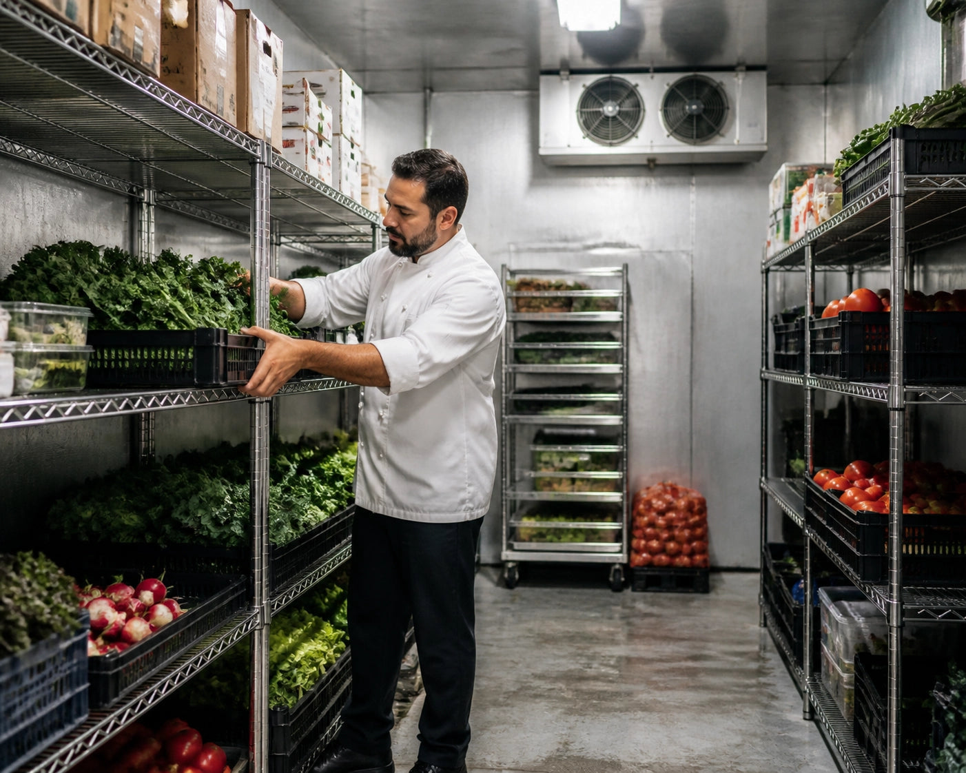 Chef organizing fresh produce on stainless shelving inside a commercial walk-in cooler