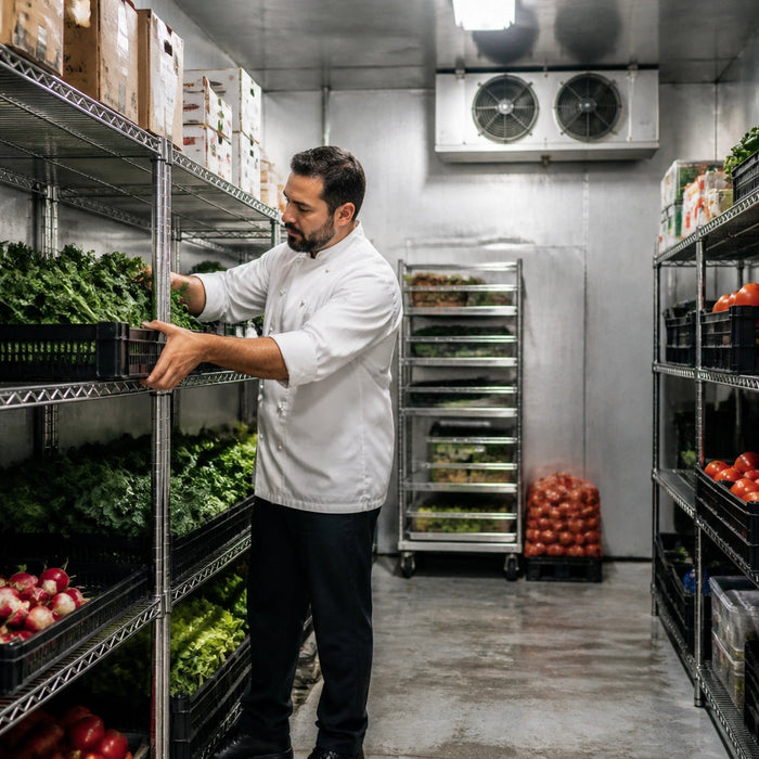 Chef organizing fresh produce on stainless shelving inside a commercial walk-in cooler