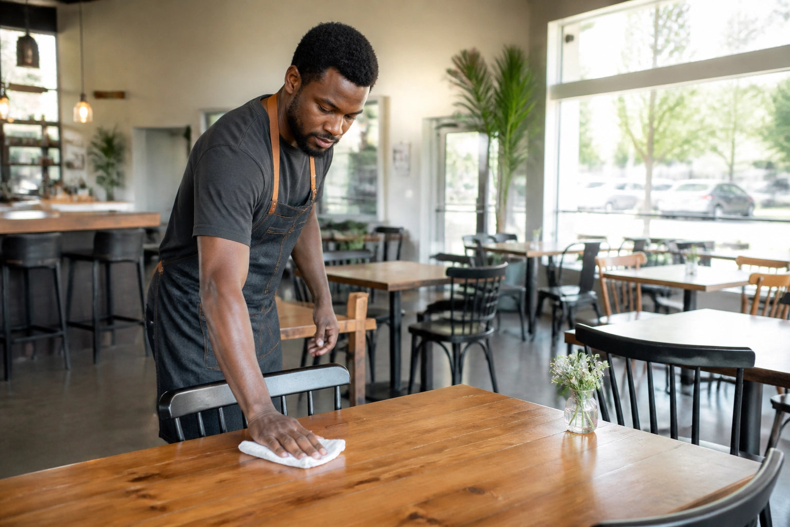 Restaurant owner cleaning a commercial restaurant table in a bright modern dining room.
