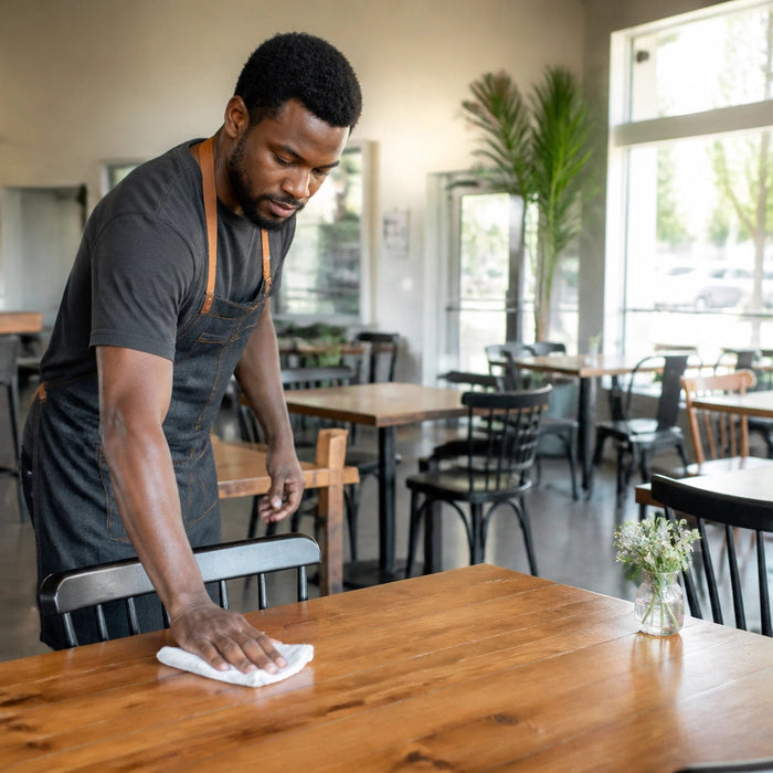 Restaurant owner cleaning a commercial restaurant table in a bright modern dining room.