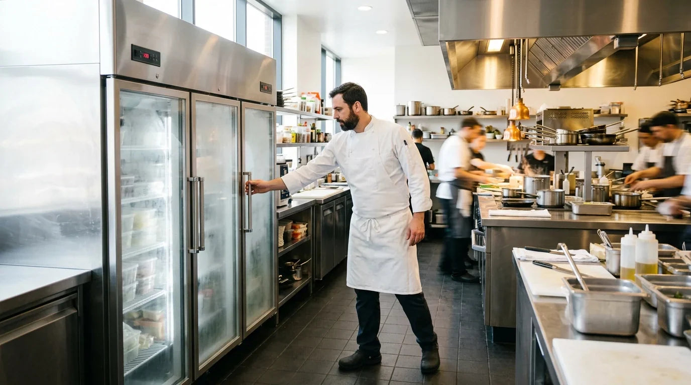 A professional chef in a busy commercial kitchen reaching for the handle of a large stainless steel reach-in freezer