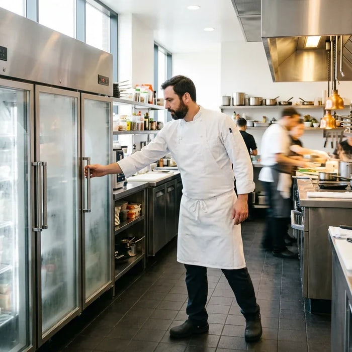 A professional chef in a busy commercial kitchen reaching for the handle of a large stainless steel reach-in freezer