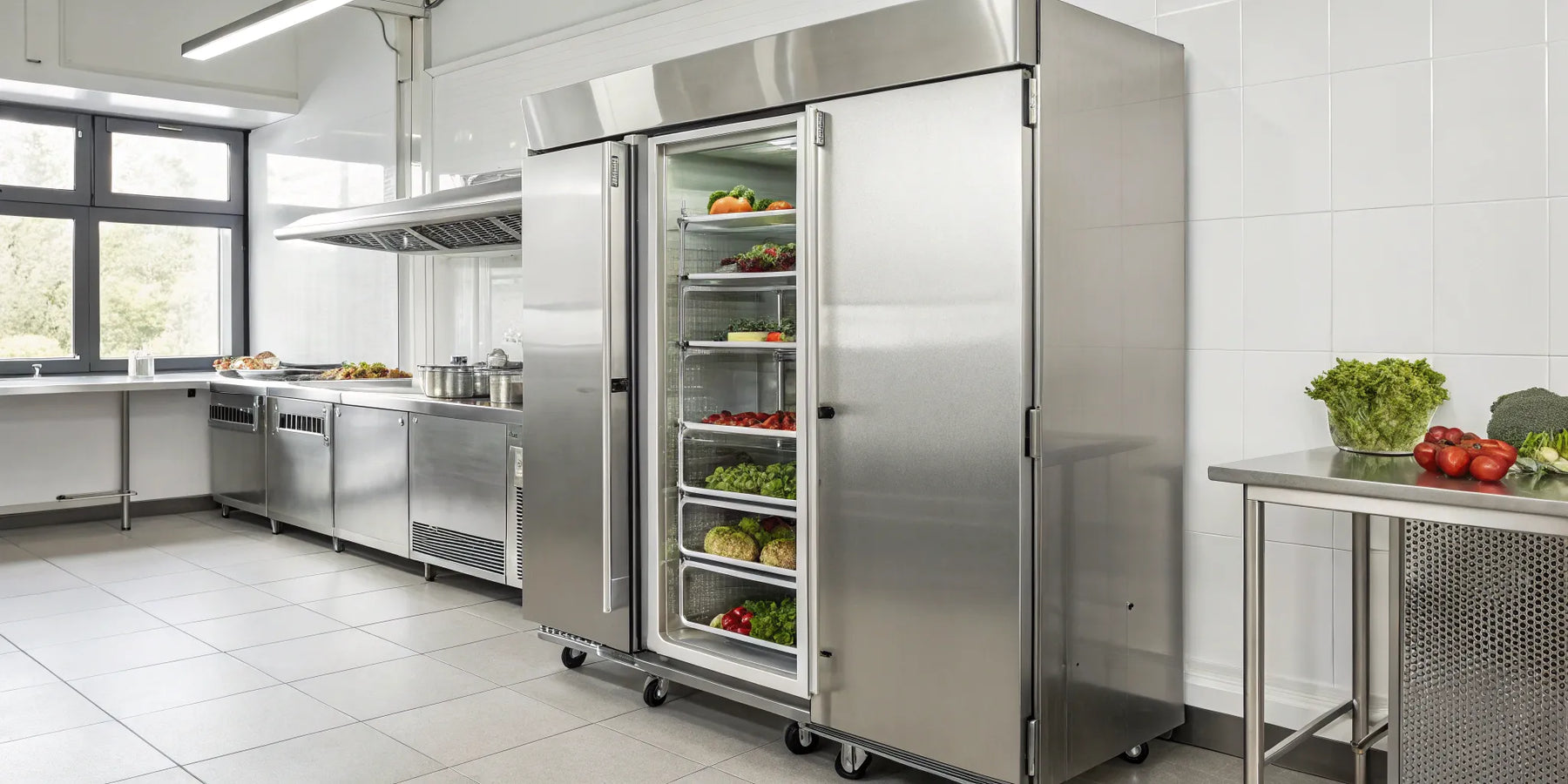 Stainless steel True 2-door freezer.