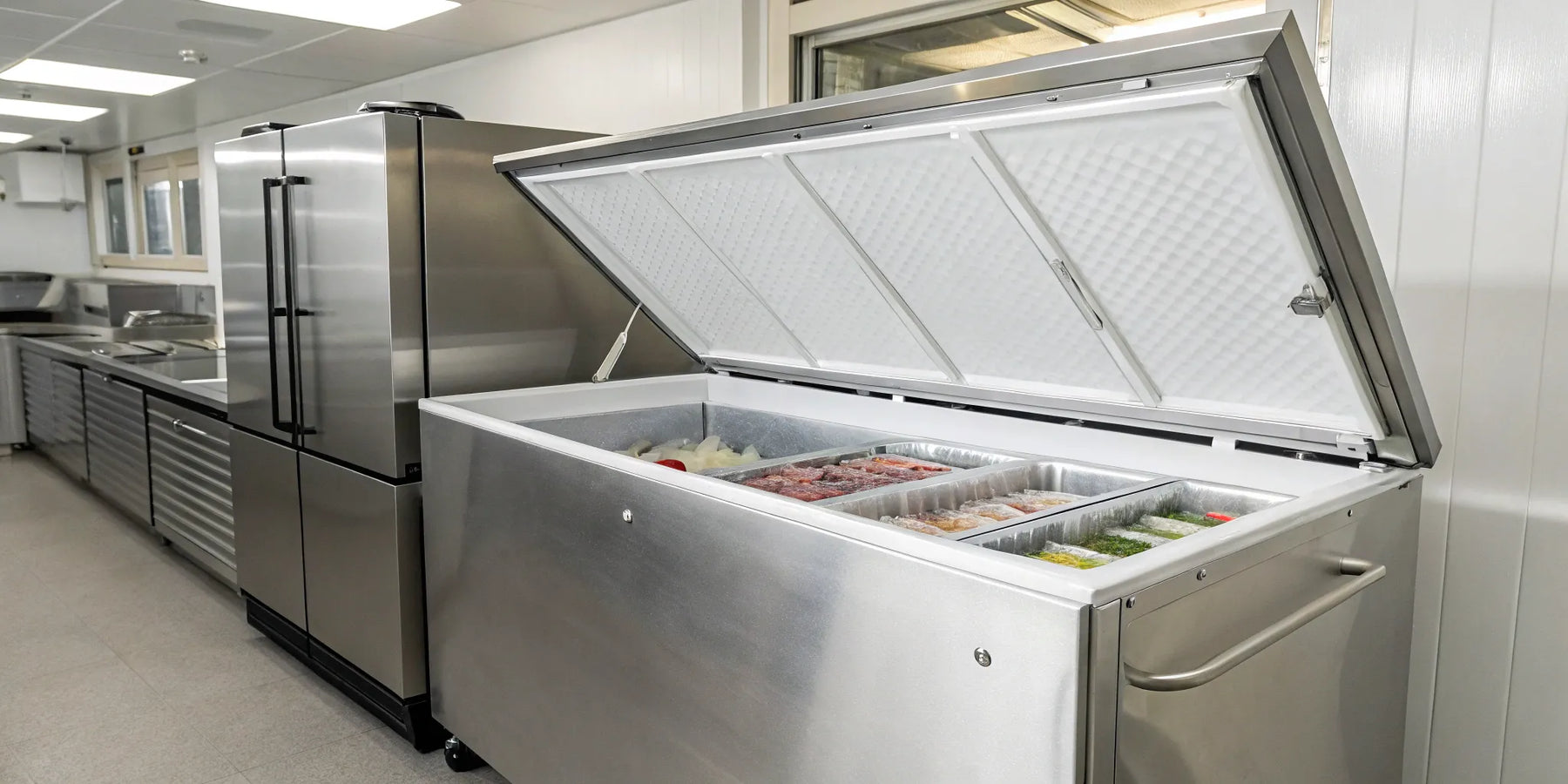 24 cubic foot chest freezer with organized frozen goods.