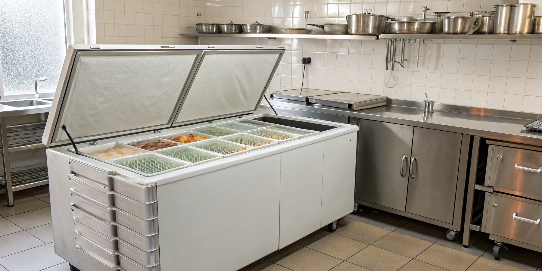 24 cubic foot chest freezer open, displaying organized food storage.