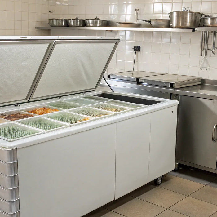 24 cubic foot chest freezer open, displaying organized food storage.