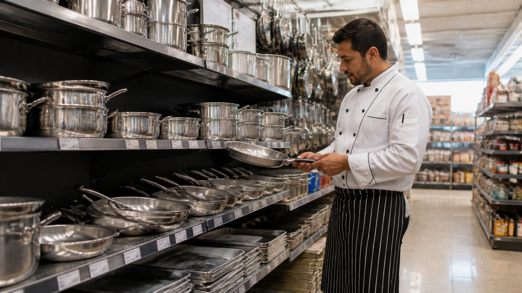 Commercial restaurant supply store aisle stocked with stainless steel smallwares, food pans, and foodservice equipment