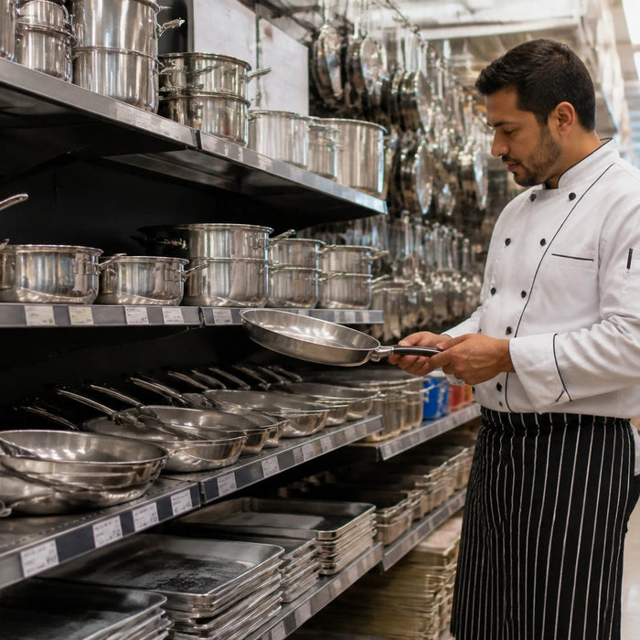 Commercial restaurant supply store aisle stocked with stainless steel smallwares, food pans, and foodservice equipment