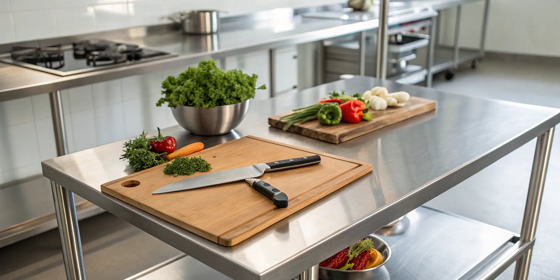 27" prep table with cutting board and ingredients.