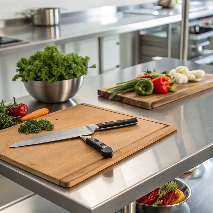 27" prep table with cutting board and ingredients.