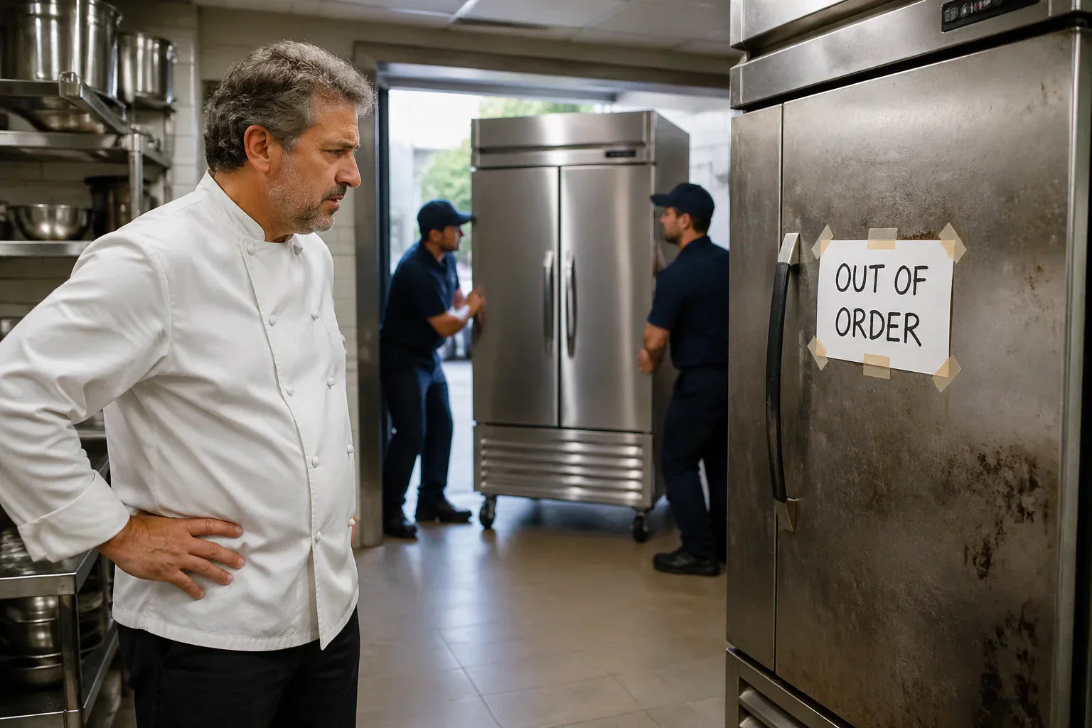 A frustrated restaurant owner looking at a broken older freezer while a new Atosa unit is delivered