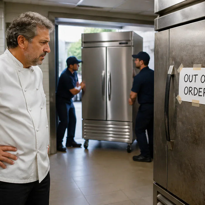 A frustrated restaurant owner looking at a broken older freezer while a new Atosa unit is delivered