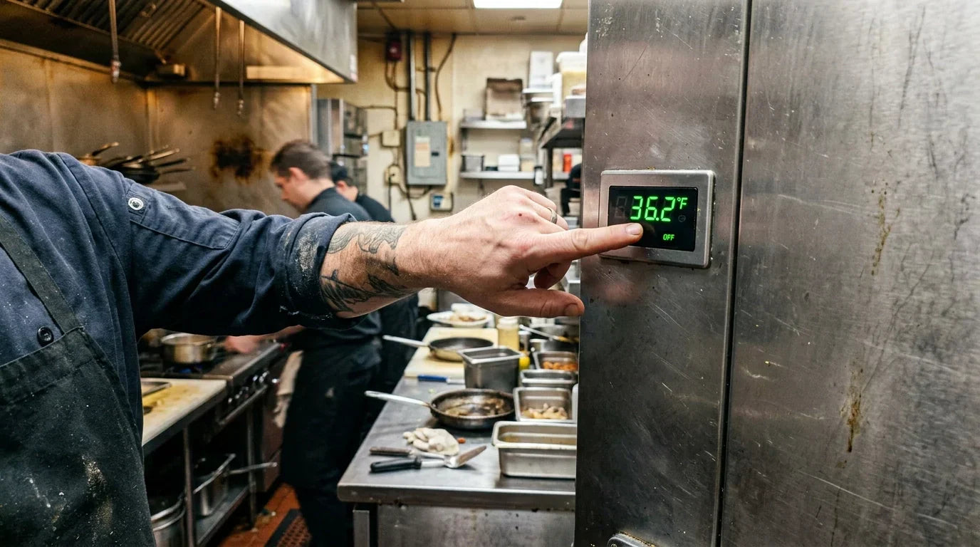 A chef's hand points at a digital temperature display reading 36 degrees on a walk-in cooler door in a real, worn commercial kitchen
