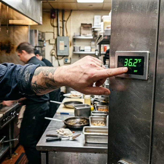 A chef's hand points at a digital temperature display reading 36 degrees on a walk-in cooler door in a real, worn commercial kitchen