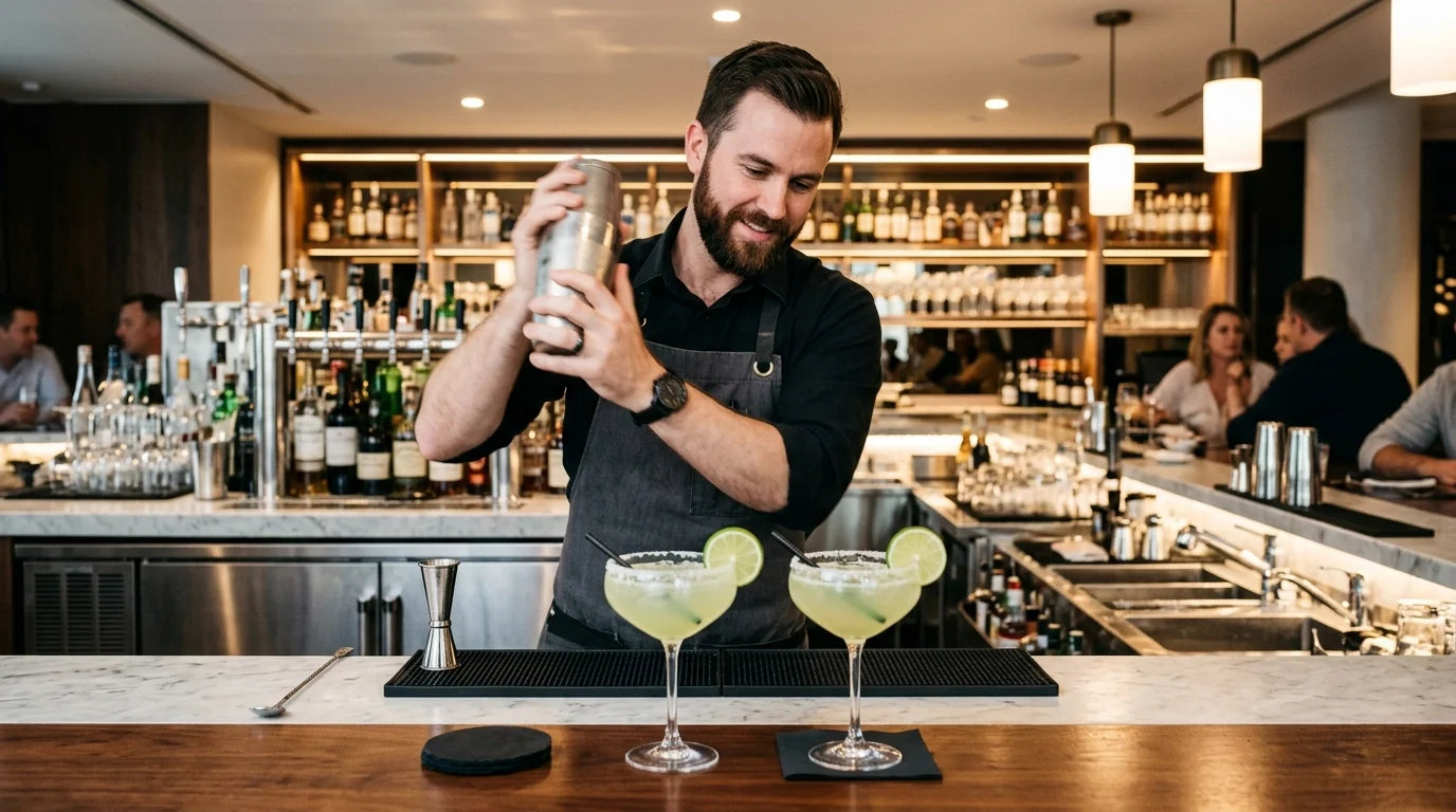 Professional bartender shaking a margarita in a high-end commercial bar setting