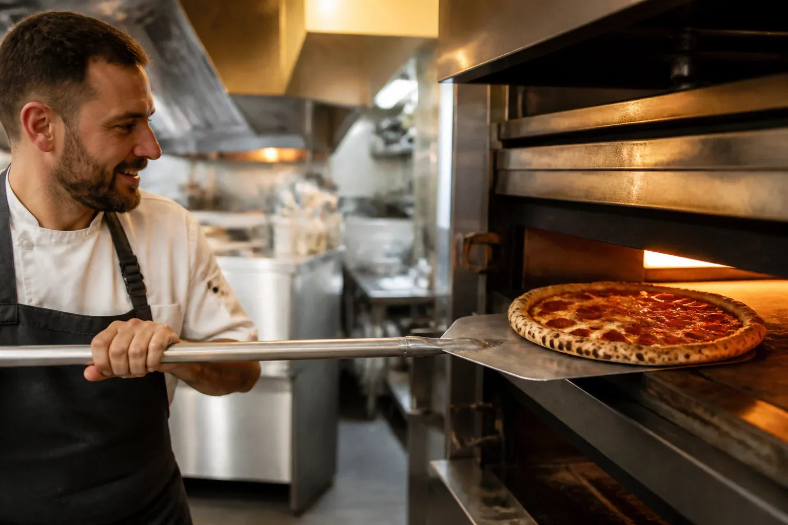 Professional chef using an aluminum pizza peel to remove a pepperoni pizza from a stone deck oven