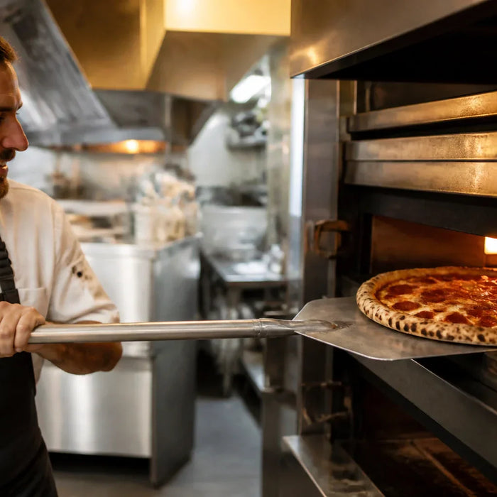 Professional chef using an aluminum pizza peel to remove a pepperoni pizza from a stone deck oven