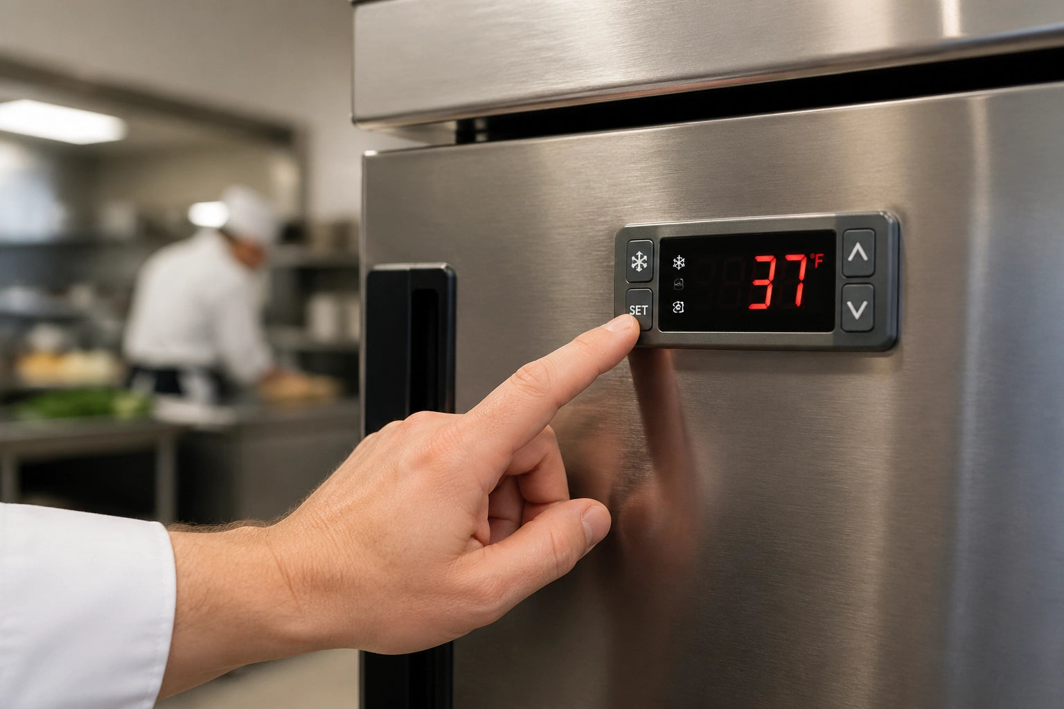 "A professional chef focused on adjusting a Dixell controller on a stainless steel commercial refrigerator in a busy kitchen environment