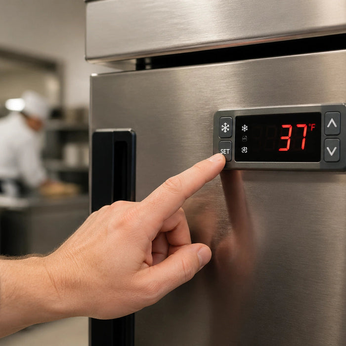 "A professional chef focused on adjusting a Dixell controller on a stainless steel commercial refrigerator in a busy kitchen environment