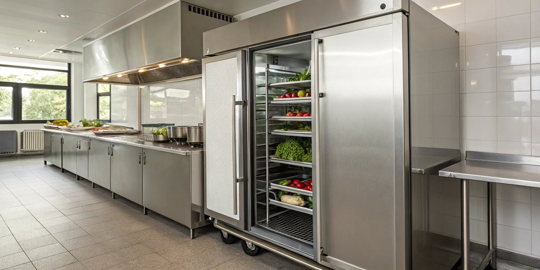 3-door commercial freezer storing food..